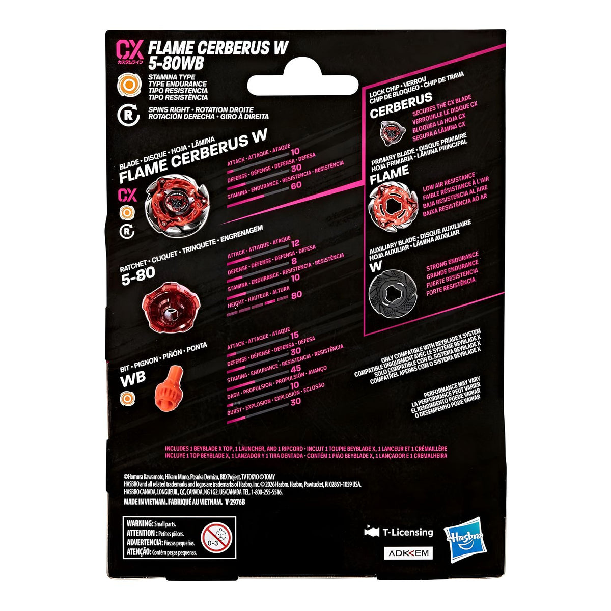 Verso da embalagem do Beyblade X Flame Cerberus W 5-80WB com informações sobre o pião e as suas peças.