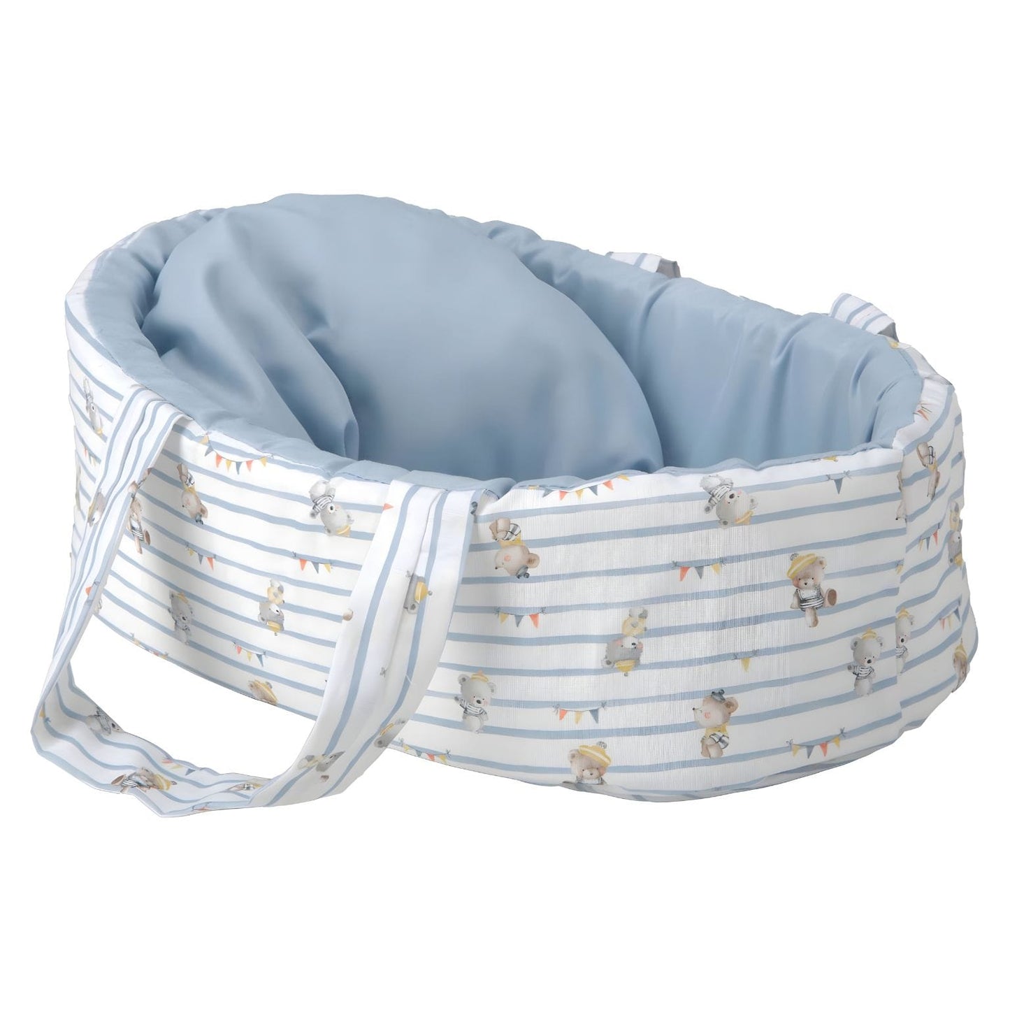 Boneca Elegance 26 cm com alcofa azul em apresentação comercial