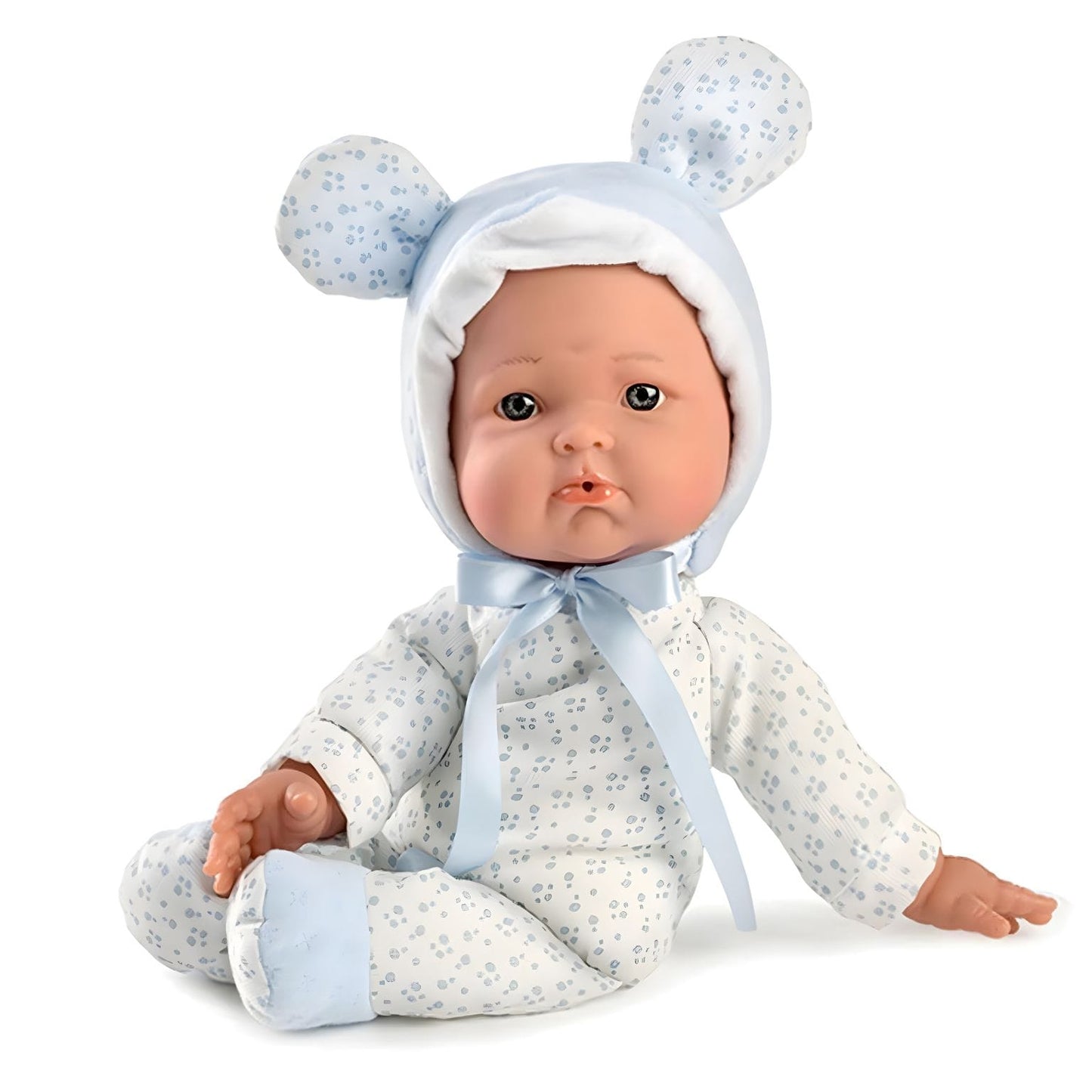 Boneca Mimi Azul 36 cm com touca azul clara e expressão meiga