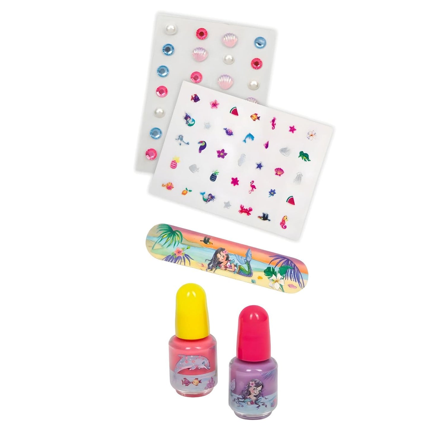 Conjunto de Unhas Nella Nixe com vernizes coloridos, autocolantes e lima de sereia