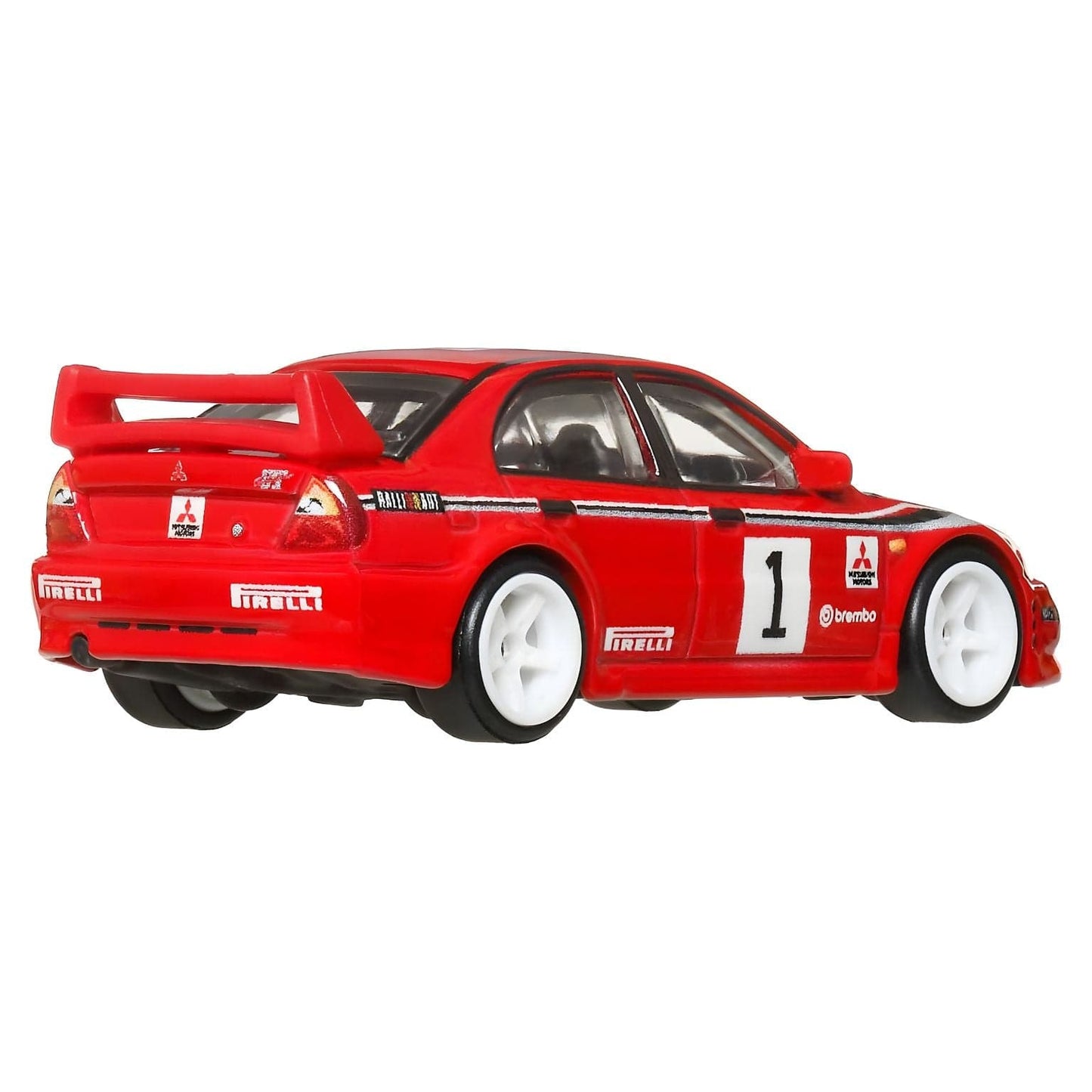 Hot Wheels Mitsubishi Lancer Evolution VI vermelho estilo rally número 1 rodas brancas aileron traseiro