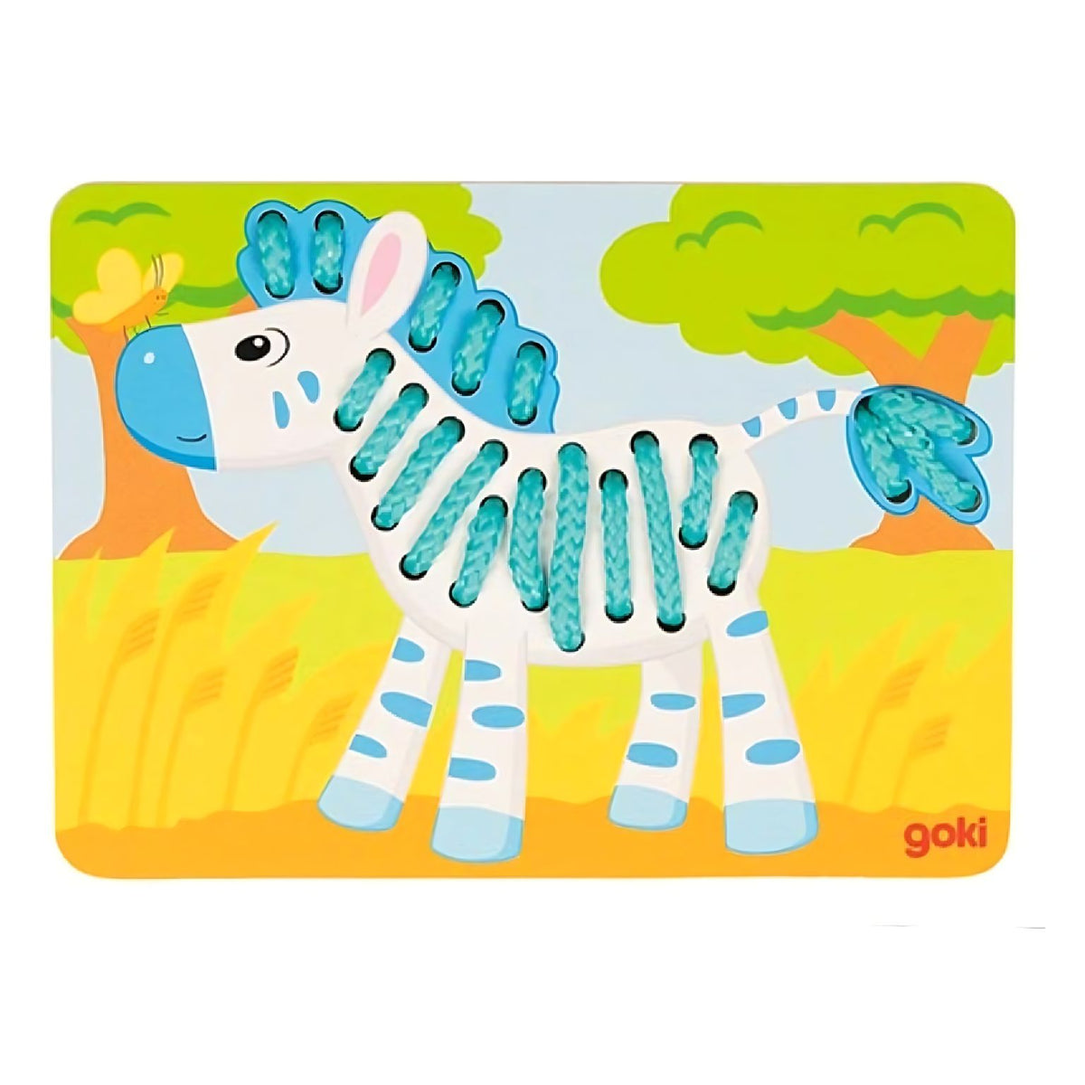 Jogo com fio de animais da Goki, com placas de madeira para passar cordões.