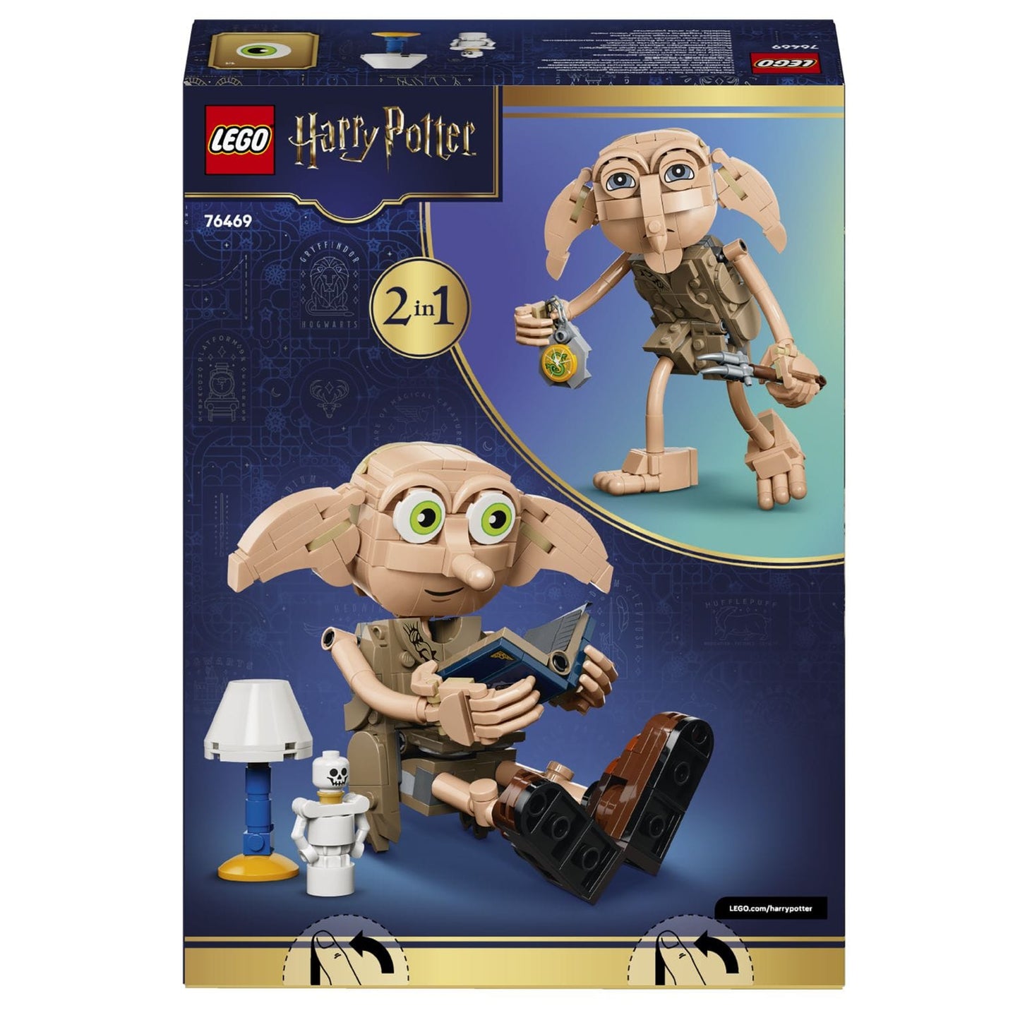 LEGO Harry Potter Dobby em cena de exposição com atmosfera mágica