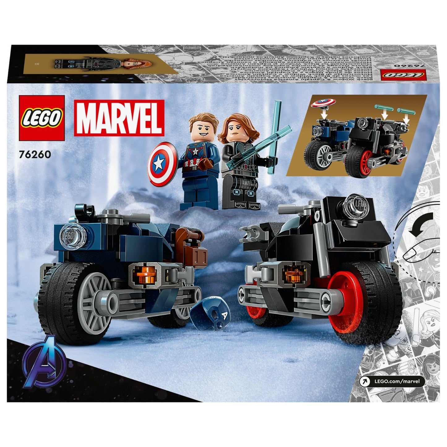 Lego Marvel Motos de Viúva Negra e Capitão América com duas motos e minifiguras em ação