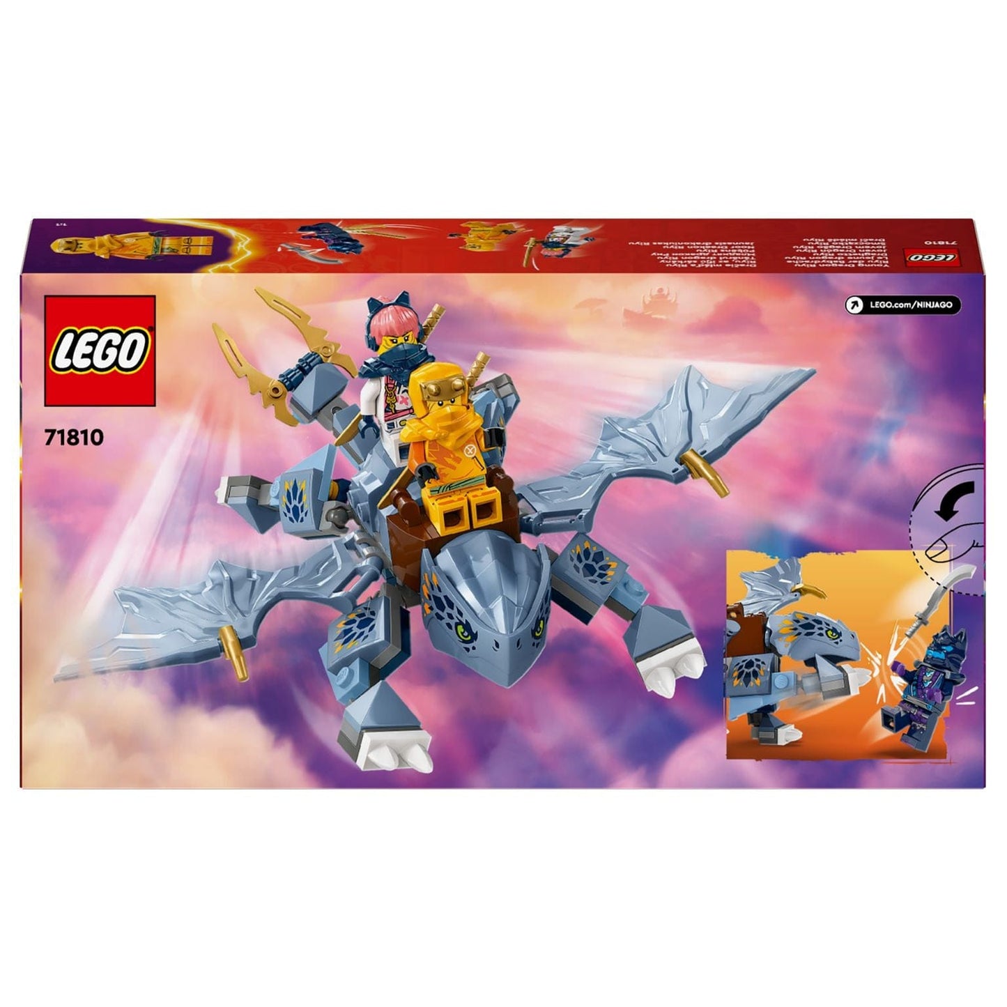 LEGO Ninjago Jovem Dragão Riyu 71810 com minifiguras em ação e dragão cinzento com asas