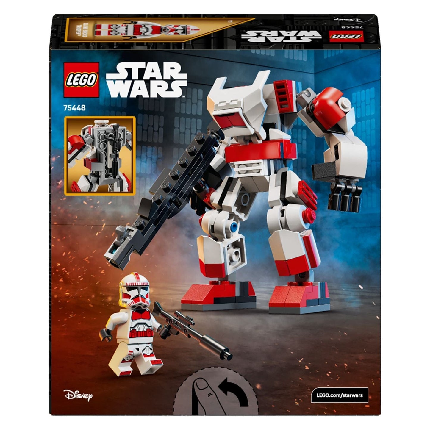 Lego Star Wars Robô Clone Shock Trooper branco e vermelho com minifigura e arma em cenário de ação