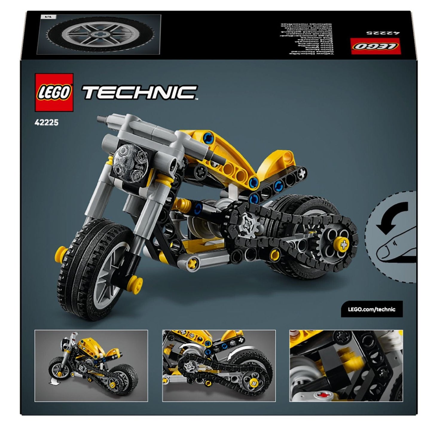 Lego Technic Mota Amarela construída em amarelo e cinzento, estilo mota desportiva, ideal para crianças 7+.