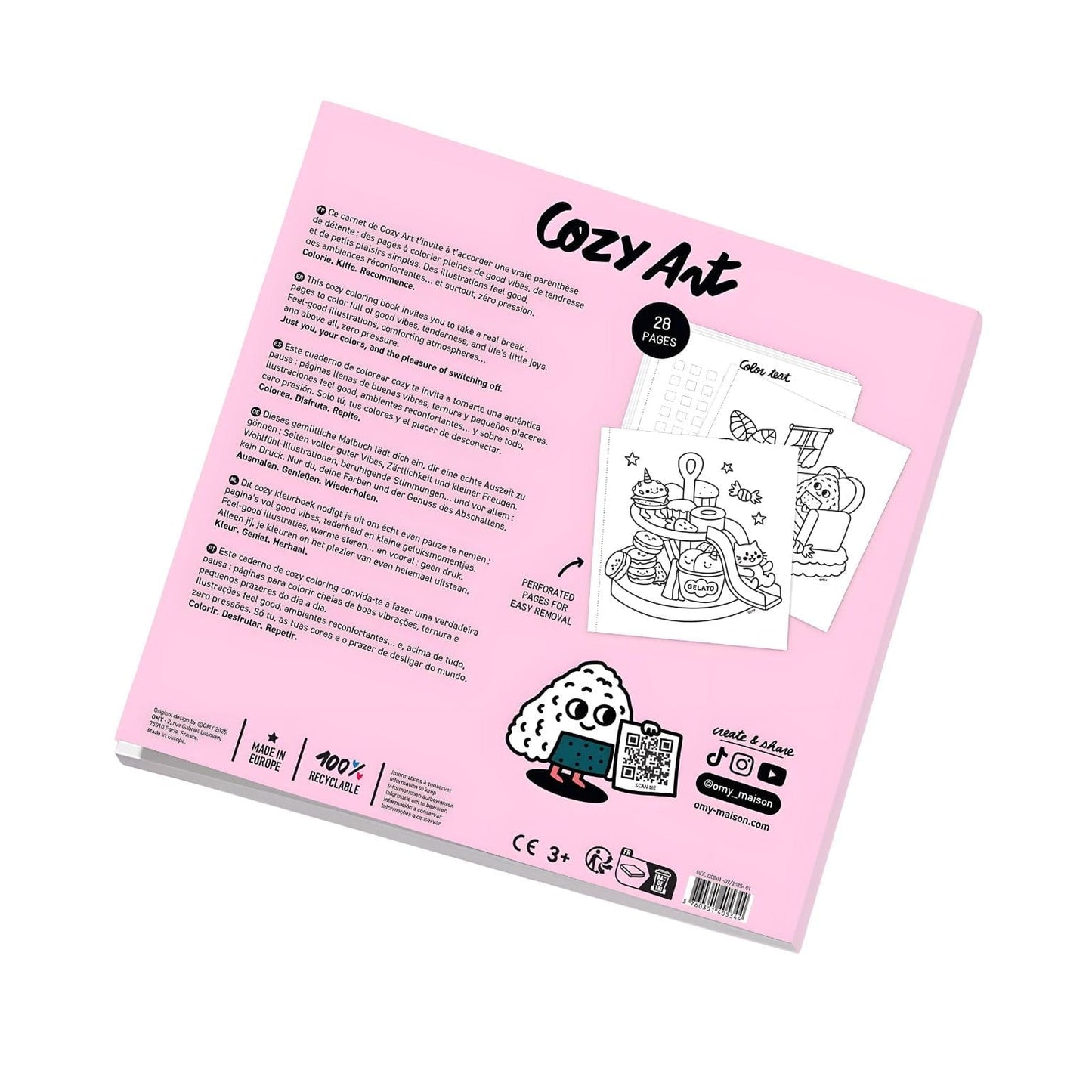 Livro de Colorir Cozy Kawaii OMY com ilustração kawaii em capa rosa