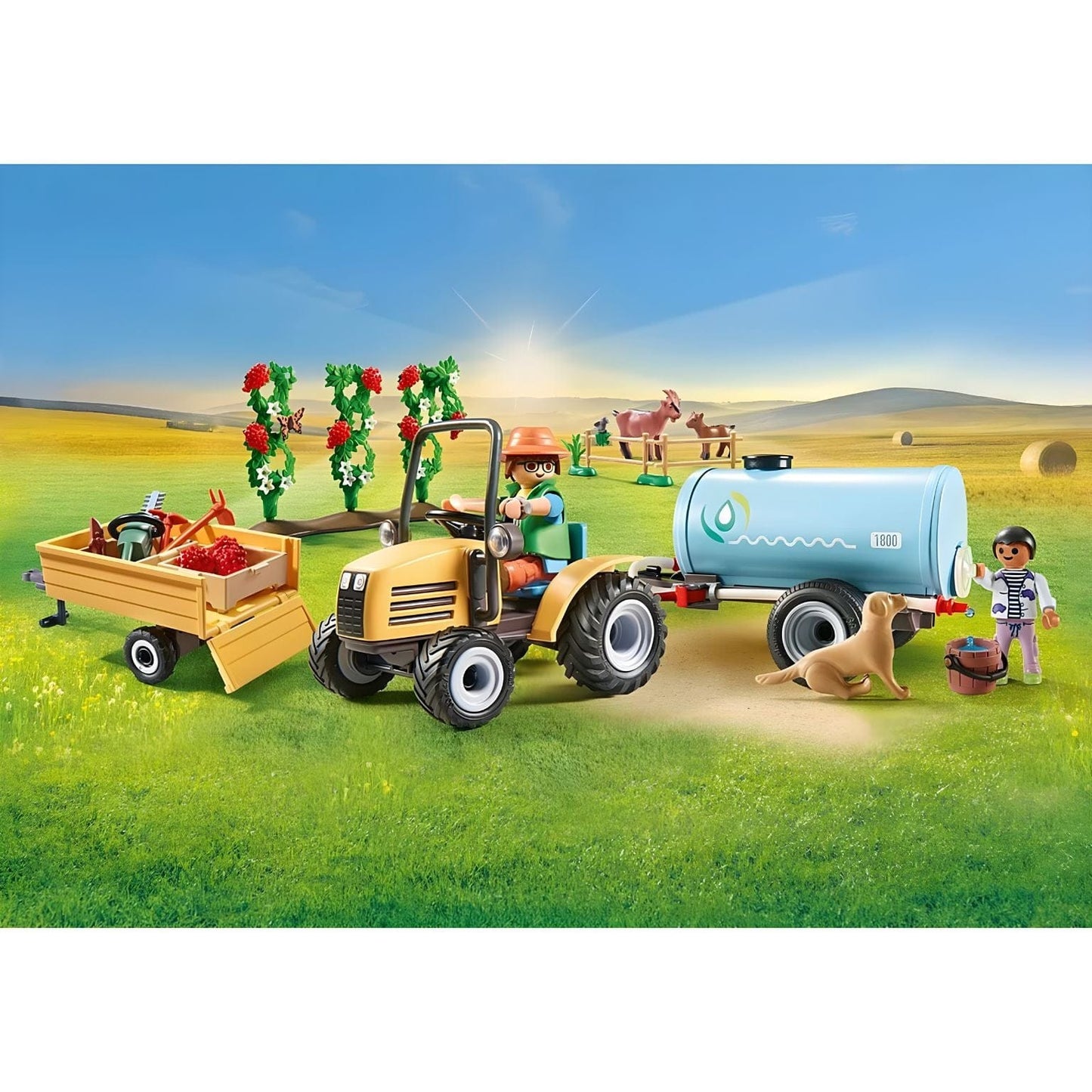 Playmobil Trator com reboque e cisterna com reboque, cisterna e figuras na quinta