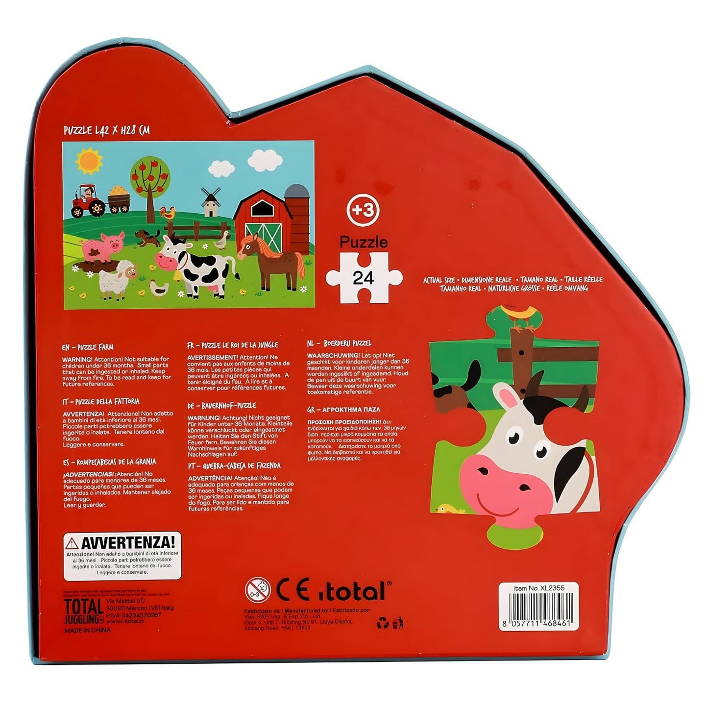 Puzzle Animais na Quinta com 24 peças com vaca, cavalo, porco, ovelha, tractor e celeiro