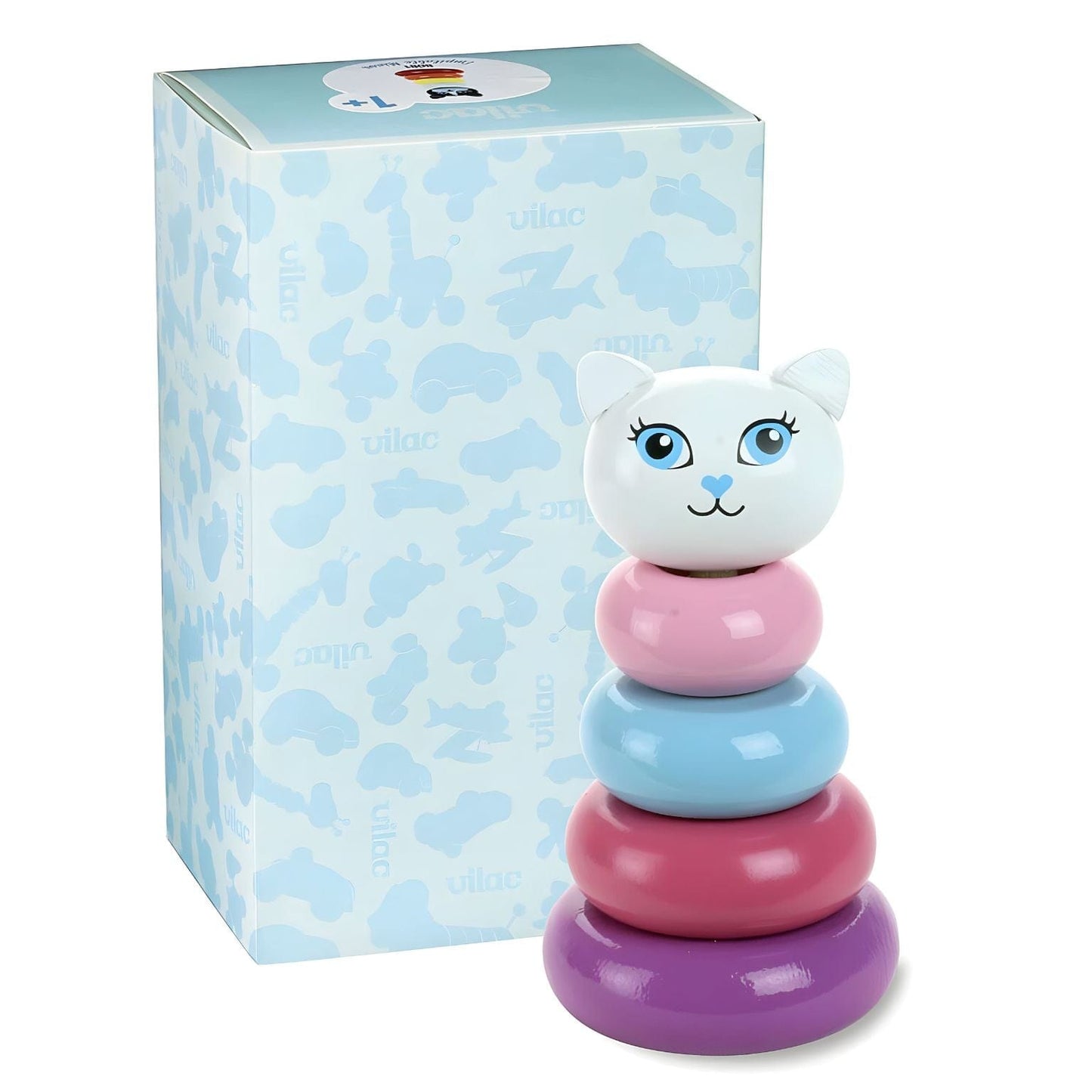 Torre de empilhar Gata Kitty da Vilac com argolas rosa, azul e lilás e cabeça de gata branca