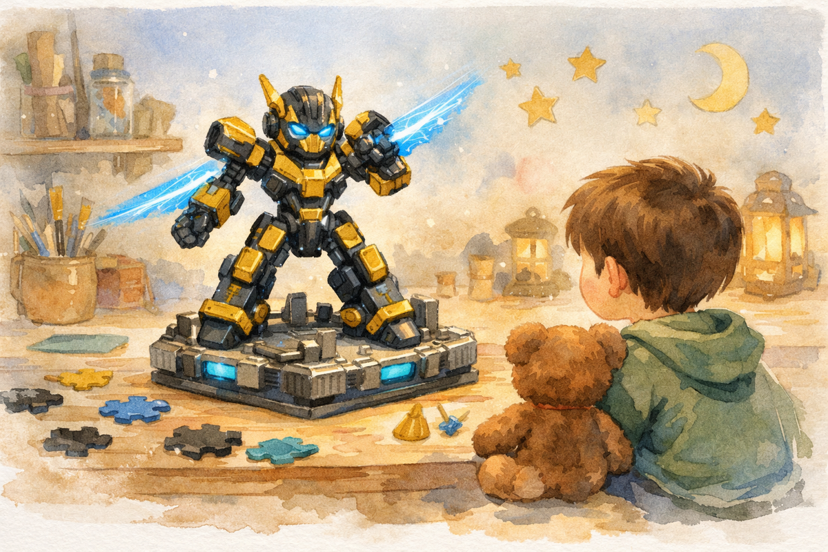 Watercolour illustration of a gold and black robot with a blue glow, in a cosy workshop on a small display base, watched by a cartoon-style child.