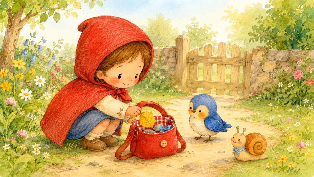 Children's illustration of a child with a red bag collecting little treasures on a garden path.