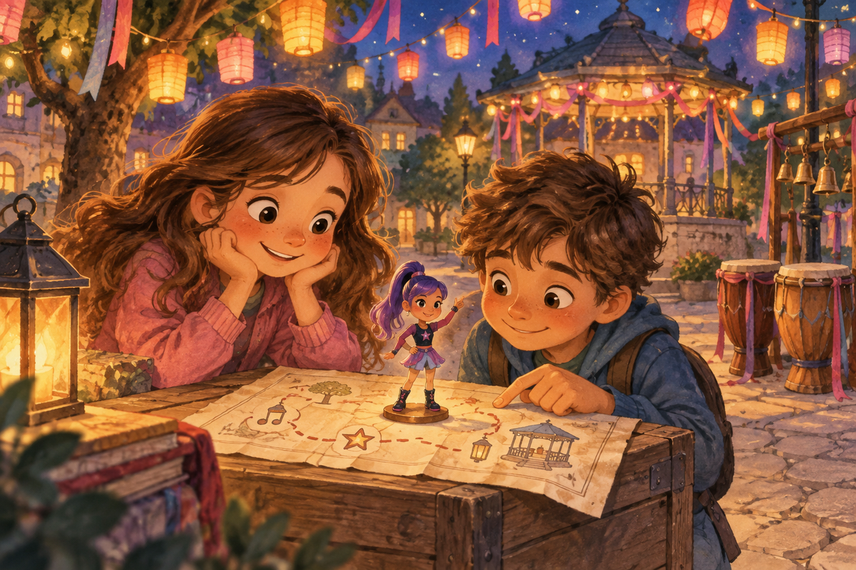 Matilde e Simão seguem um mapa de ritmo numa praça iluminada por lanternas, com uma pequena figura de palco sobre o percurso.