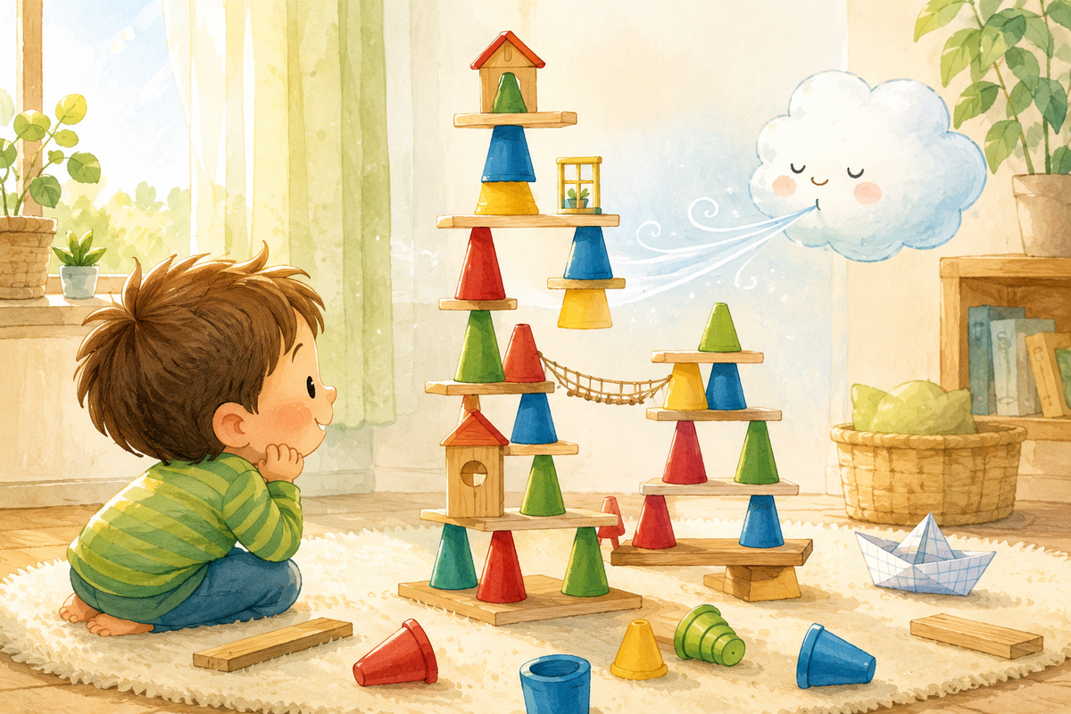 A cartoon child watches a colourful tower of balancing pieces in a bright room.