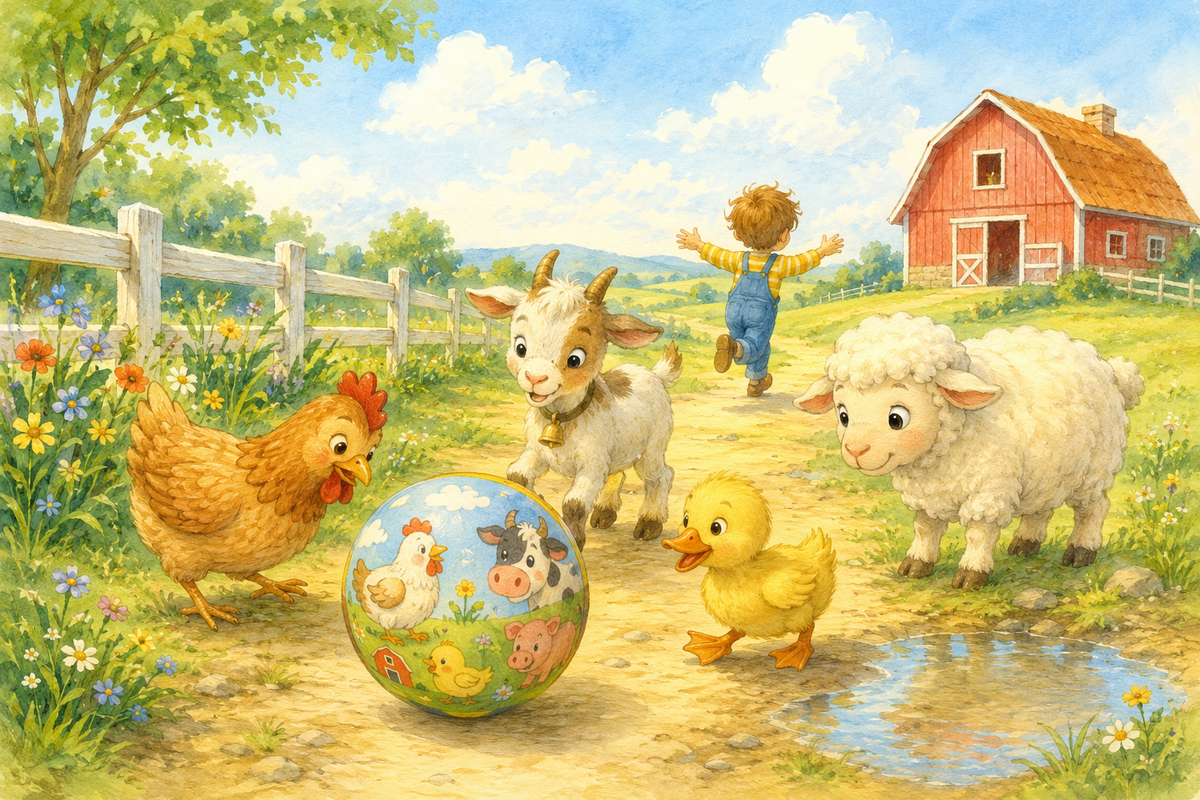 Illustration of a ball featuring farm animals rolling along a path on a cheerful morning.