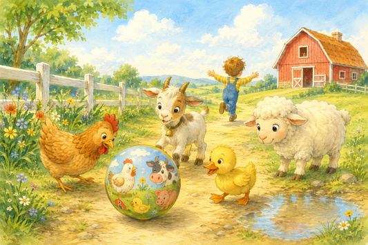 Ilustração de uma bola com animais da quinta a rolar por um caminho numa manhã alegre.