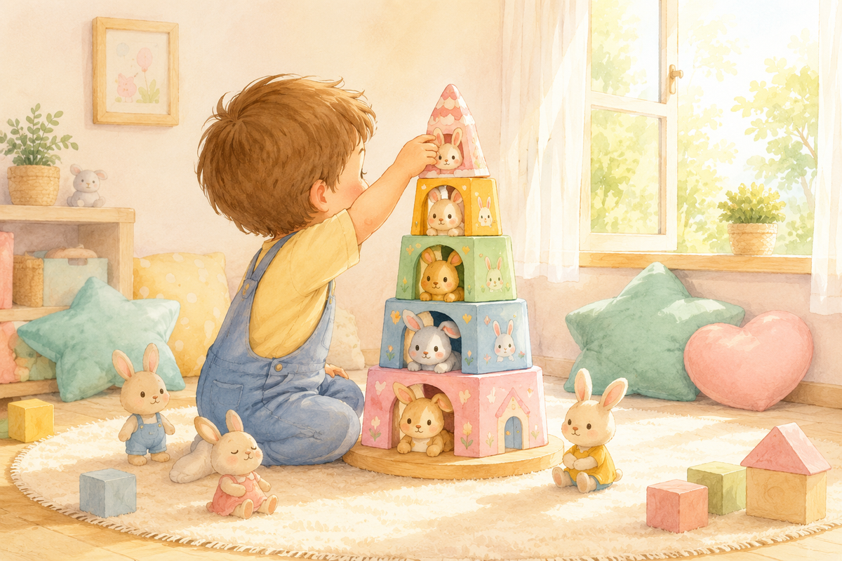 A child stacking a colourful pyramid with a family of rabbits in a bright bedroom in the morning.