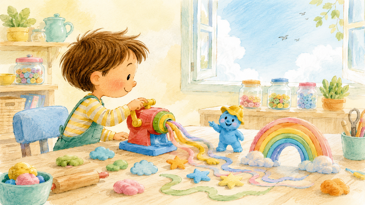 Children's illustration of a creative table with coloured modelling dough forming clouds, stars and a rainbow bridge.