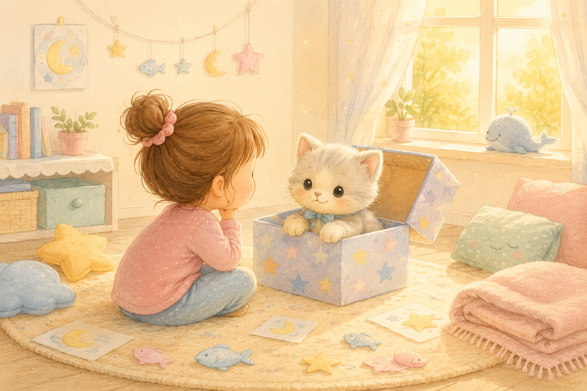 A child finds a soft toy kitten in a glowing box in a cosy bedroom.