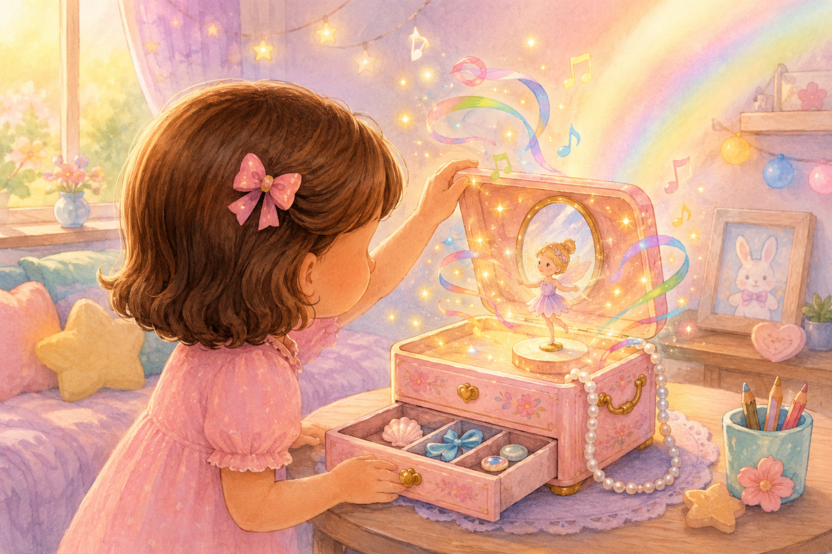 Illustration of a child opening a musical jewellery box as coloured lights emerge from the box.