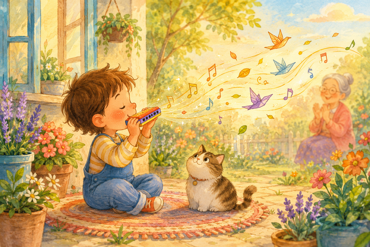 A child playing a colourful harmonica in a garden, with musical notes turning into imaginary shapes.
