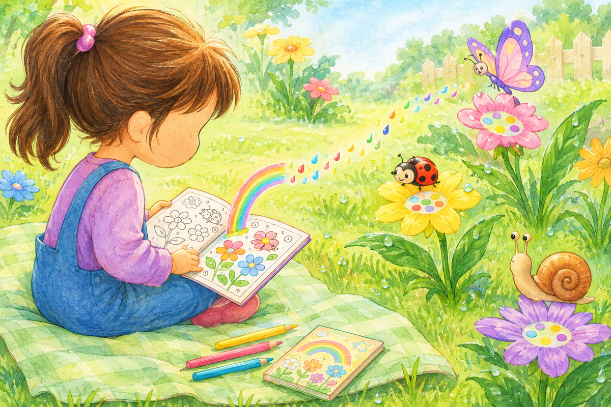 A child colouring a magical rainbow garden with flowers and curious little insects.