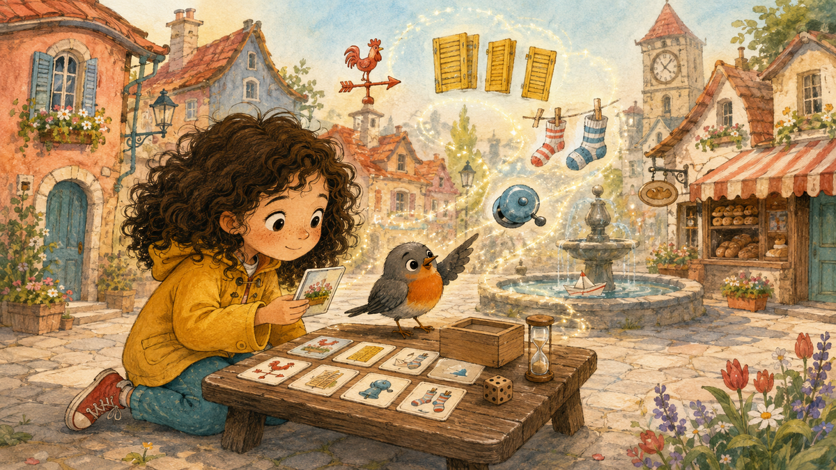 Leonor looks at illustrated cards in a village where little details return along trails of light.