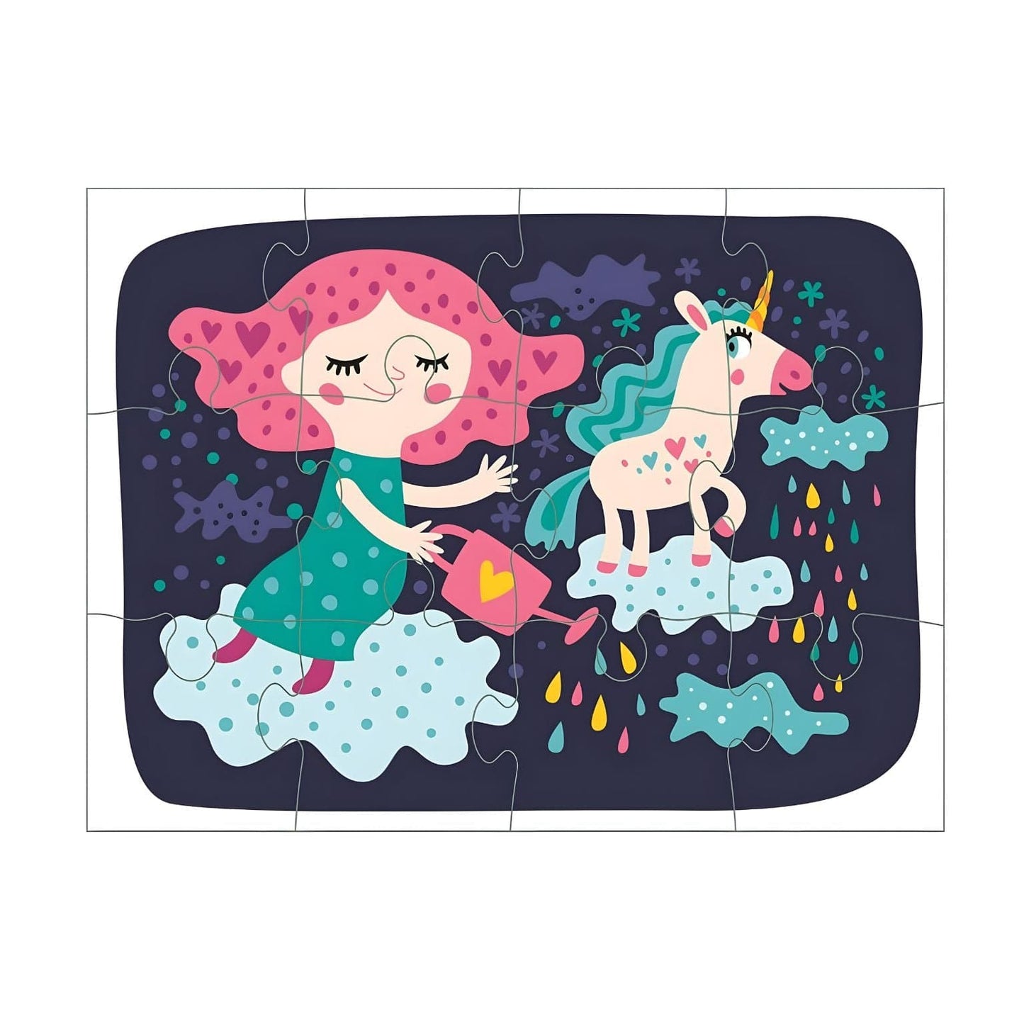 3 Puzzles Mágicos de Unicórnio Barbo Toys com menina, unicórnios, arco-íris e flores coloridas