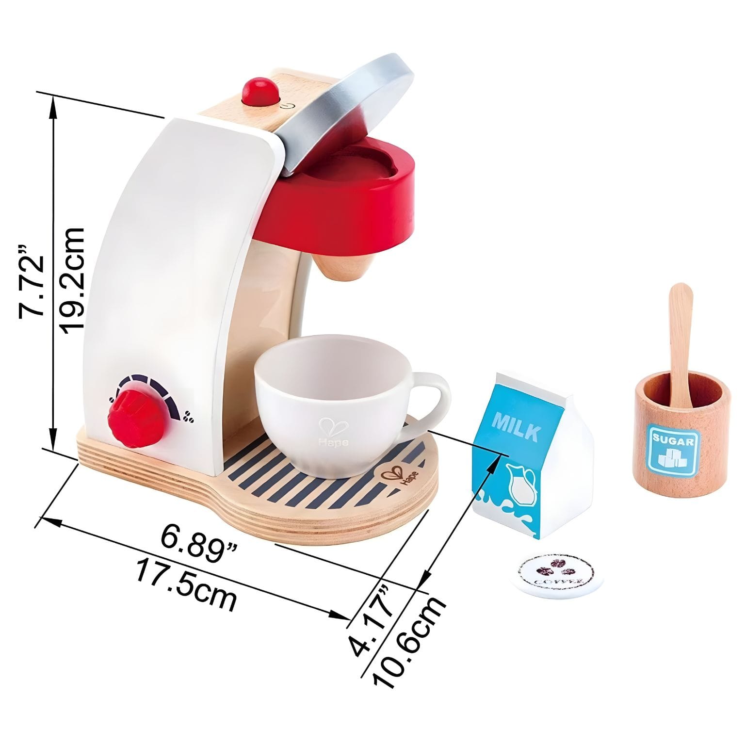 A minha Máquina de café da Hape com chávena, leite e açúcar para brincar ao faz de conta