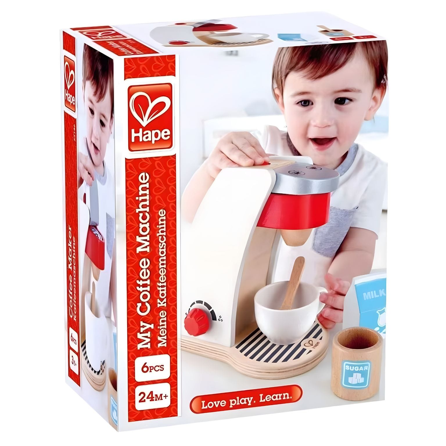 A minha Máquina de café da Hape com chávena, leite e açúcar para brincar ao faz de conta