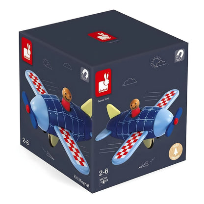 Janod Blue Magnetic Wooden Plane with red and white checkered wings, blue propeller and smiling pilot