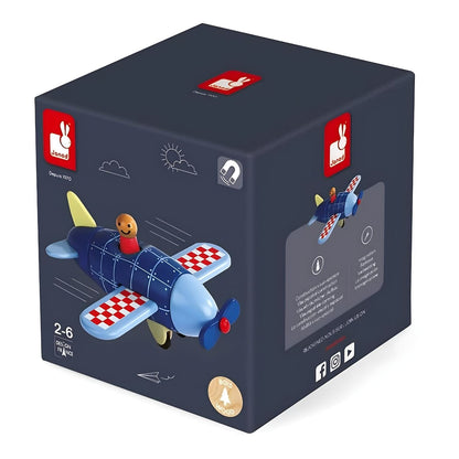 Janod Blue Magnetic Wooden Plane with red and white checkered wings, blue propeller and smiling pilot