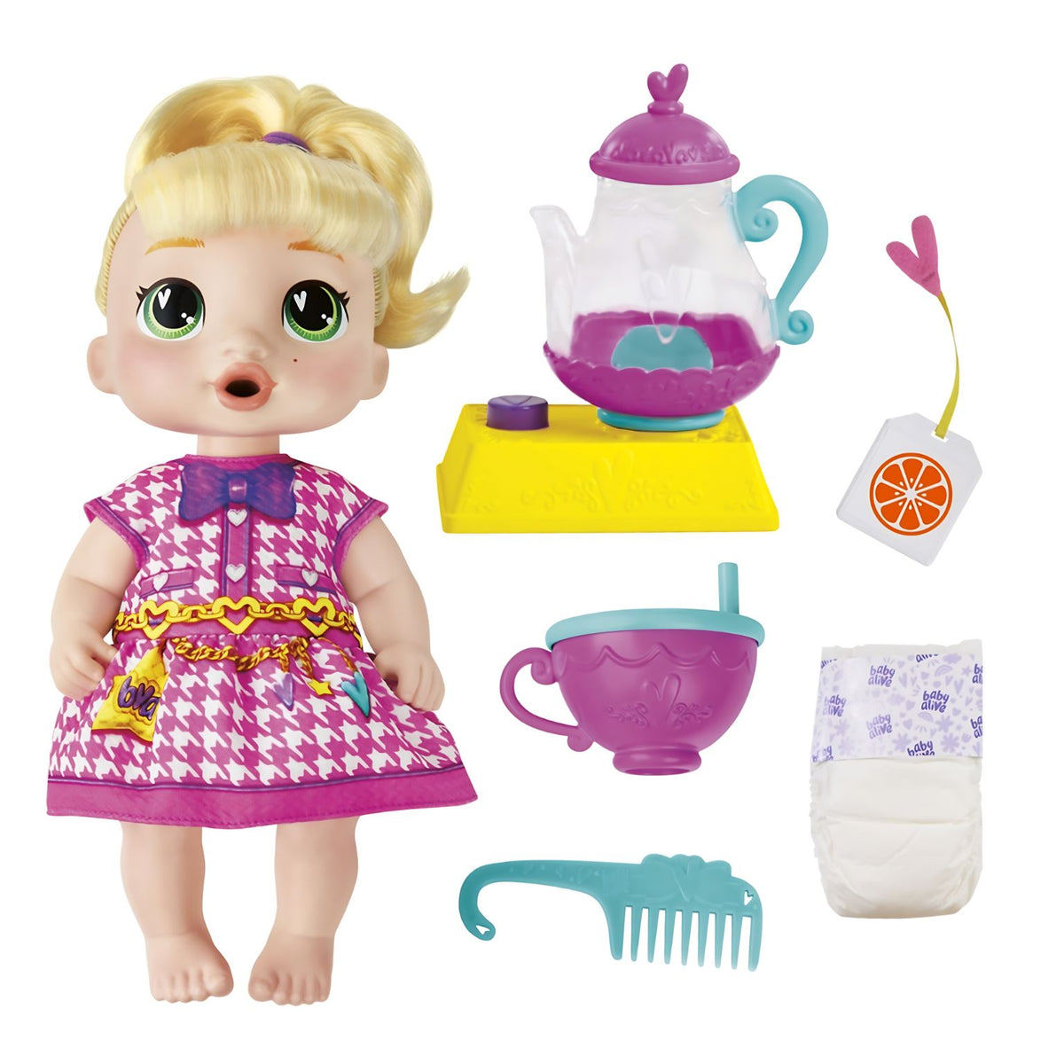 Boneca LaLa GooGoo com bule, base amarela, chávena, saqueta de brincar, pente e fralda