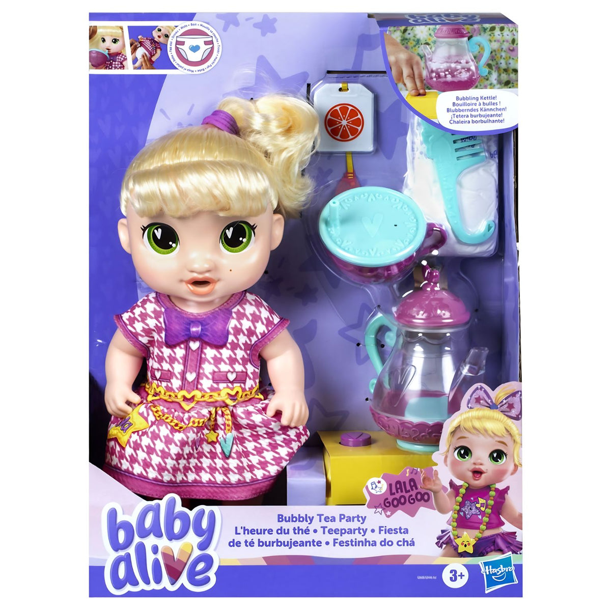 Embalagem Baby Alive Bubbly Tea Party LaLa GooGoo com boneca loura e acessórios para a festa do chá