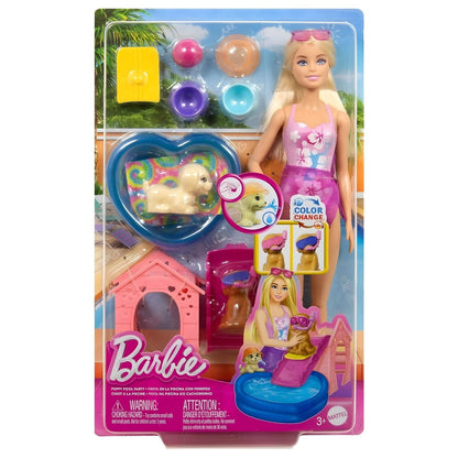 Barbie Pet Party at the Pool with Barbie doll, pool and puppies, summer party with accessories