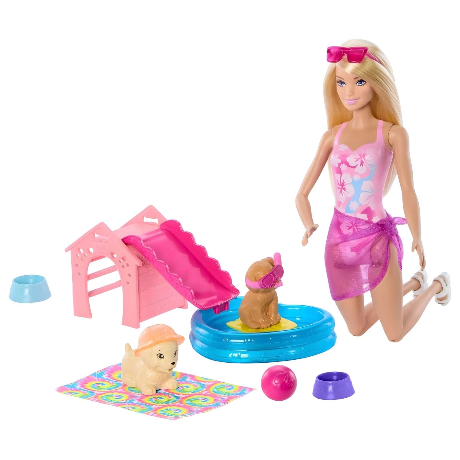 Barbie Festa das mascotes na Piscina com boneca Barbie, piscina e cachorrinhos, festa de verão com acessórios