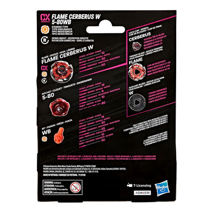 Verso da embalagem do Beyblade X Flame Cerberus W 5-80WB com informações sobre o pião e as suas peças.