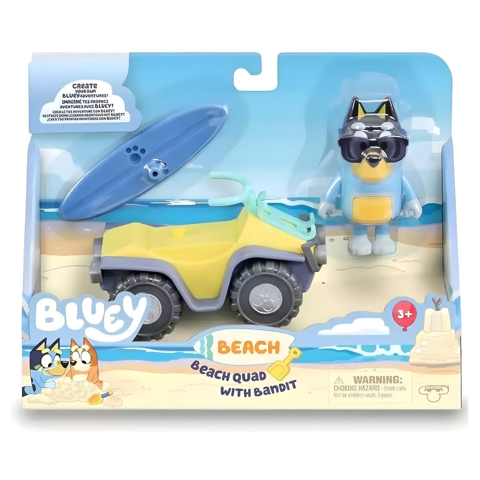 Bluey Quad de Praia com o Bandit na embalagem do conjunto com veículo e figura