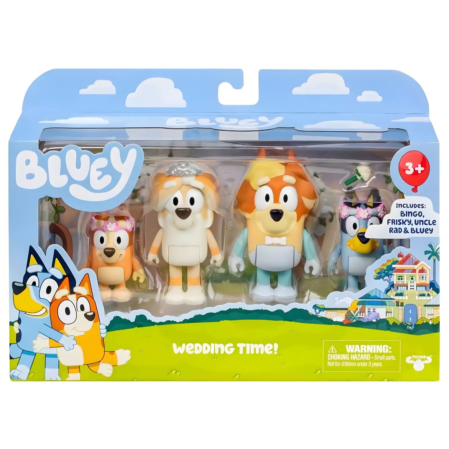 Bluey Dia de Casamento na embalagem com Rad, Frisky, Bluey e Bingo