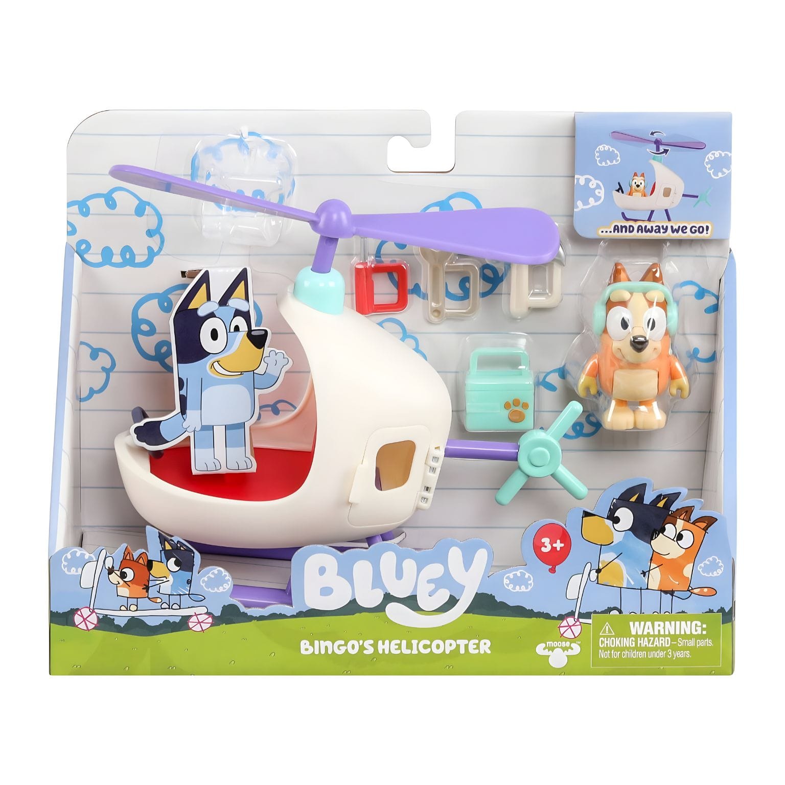 Bluey O Helicóptero do Bingo na embalagem com figura e veículo