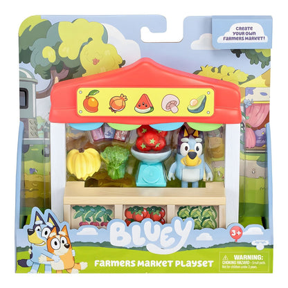 Bluey Farmers Market in packaging with market stall and Bluey figure