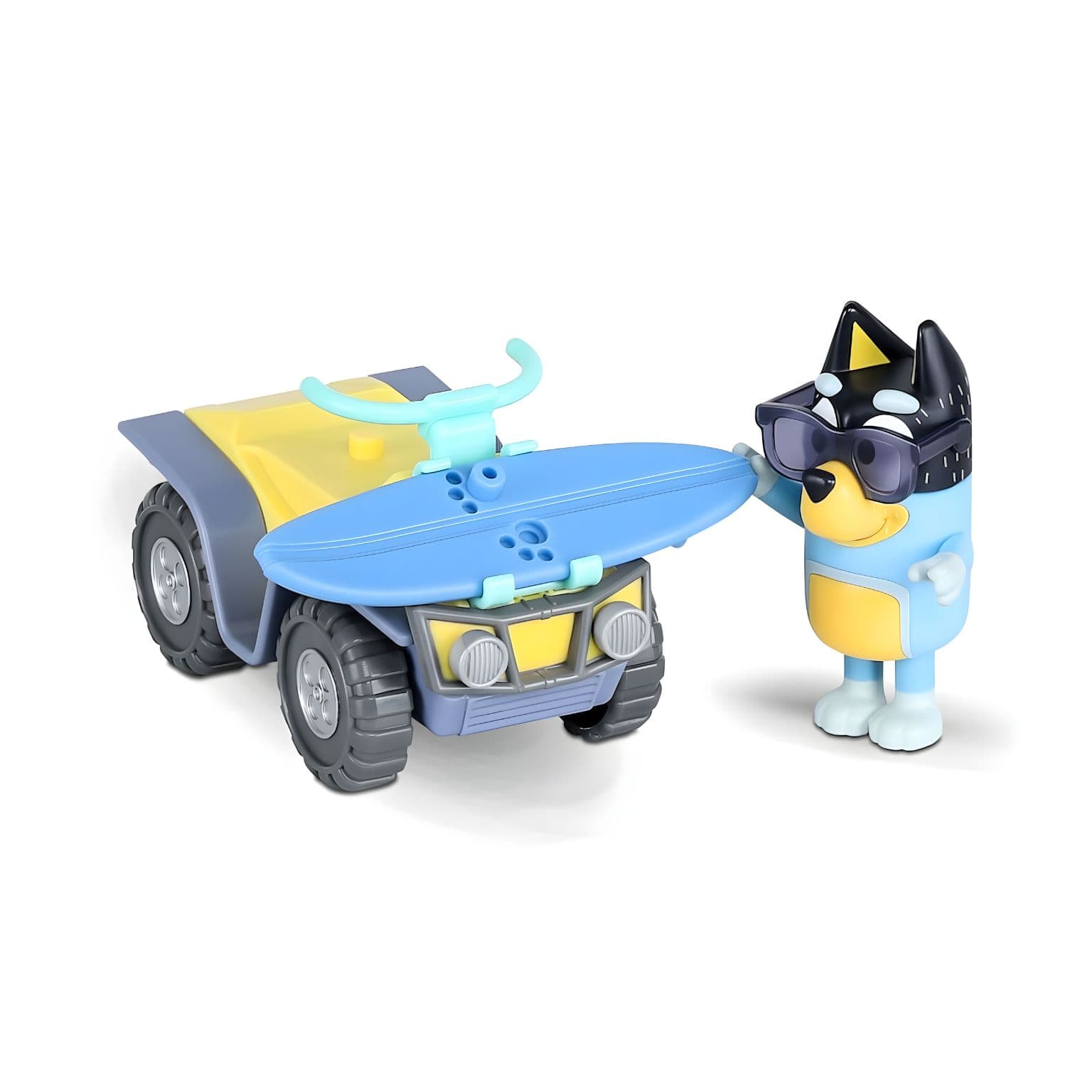 Embalagem lateral do Bluey Quad de Praia com o Bandit com acessórios de brincadeira