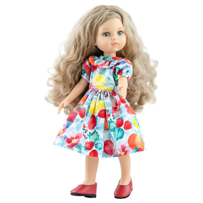 Paola Reina Carla doll with long wavy hair, blue eyes, colorful fruit dress and red shoes