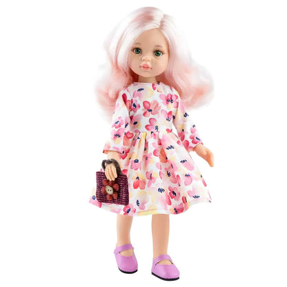 Paola Reina Pink doll with floral dress, pink hair and small bag