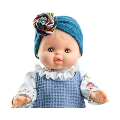 Paola Reina Blanca doll with blue outfit, white collar and blue turban with colorful flower