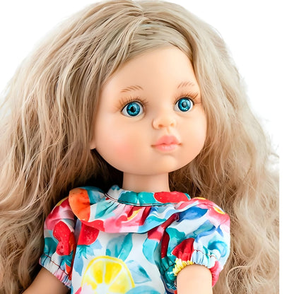 Paola Reina Carla doll with long wavy hair, blue eyes, colorful fruit dress and red shoes