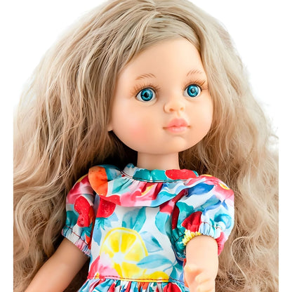 Paola Reina Carla doll with long wavy hair, blue eyes, colorful fruit dress and red shoes