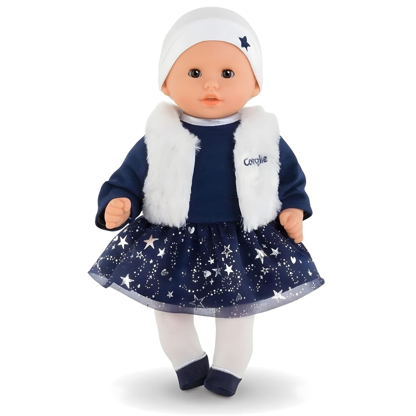 Boneca Corolle Marguerite Starlit Night com vestido azul estrelado, colete branco e gorro branco