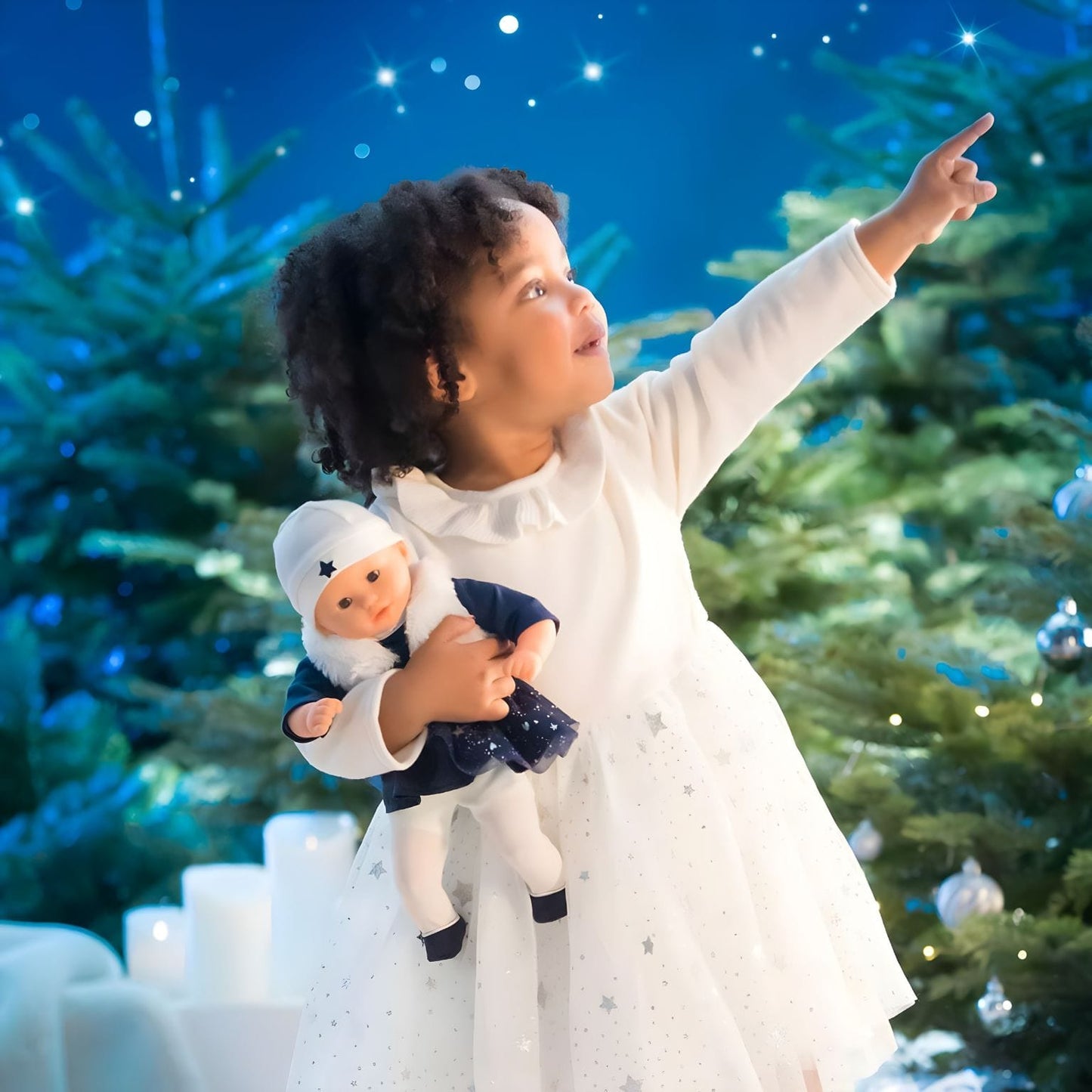 Boneca Corolle Marguerite Starlit Night com vestido azul estrelado, colete branco e gorro branco
